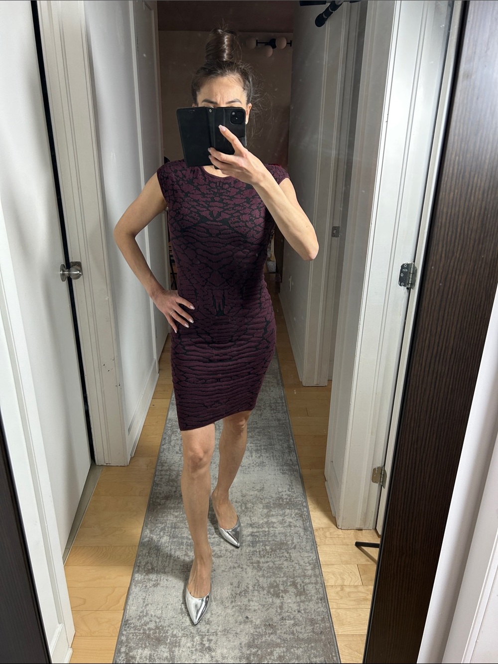 Dynamite Dark Plum Lace-Effect Midi Bodycon Dress